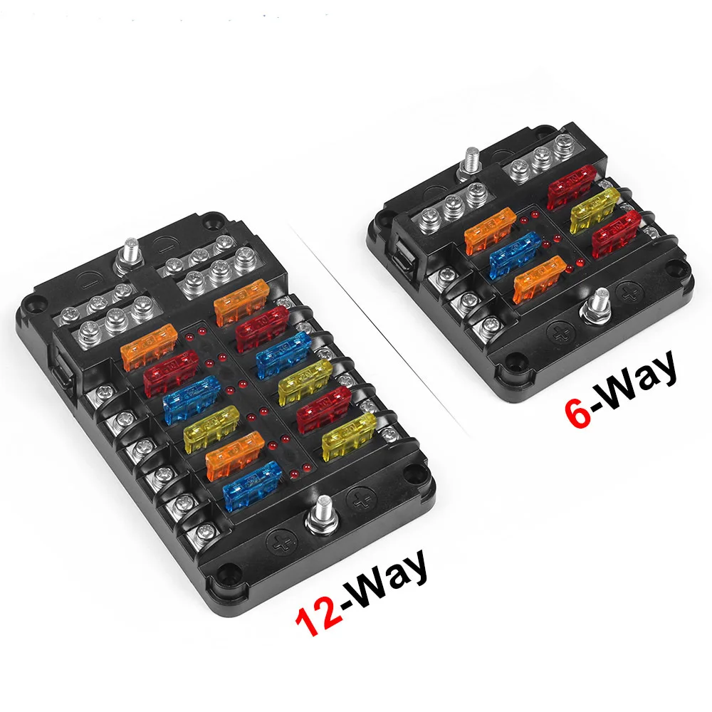 6-Way＆12-Way Car Boat Blade Fuse Box Block Holder LED Indicator 12V 32V Auto Marine Waterproof Power Distribution Panel Board