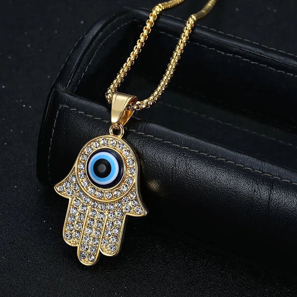 New Turkish Evil Eye Hasma Hand of Fatima Pendant Gold Color Stainless Steel Palm Amulet Necklace For Women Men Jewelry Gift