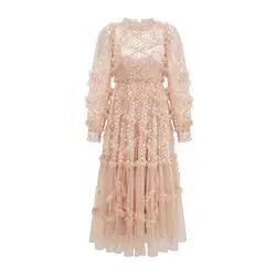 Luxury Tulle Dots Long Sleeve Sequins Dresses Women Summer Autumn Full Sleeve Ruffles Cake Vestidos Evening Wedding Vestidos