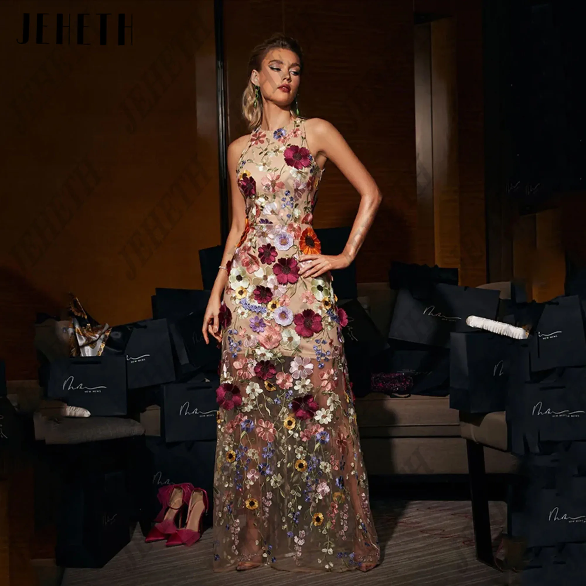 JEHETH Luxury 3D Flowers Prom Dresses O-Neck Sleeveless Short Party Gowns For Woman Mermaid Lace Embroidery فساتين سهرات