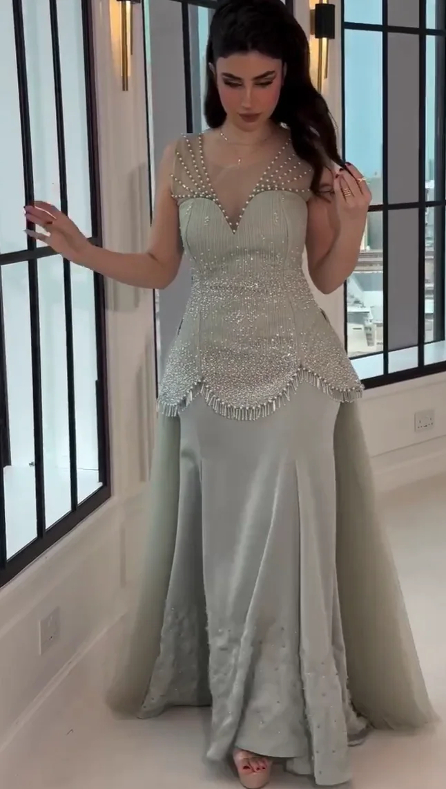

Dusty Blue Satin Beaded Prom Dresses long for Women 2027 Tassel Mermaid Crystal Formal Evening Gowns Customized