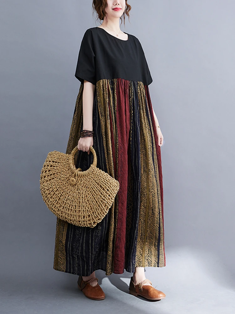 Patchwork Vintage Striped Dresses For Women New Short Sleeve Cotton Loose Casual Long Summer Dress Robe Elegant Clothing 2025