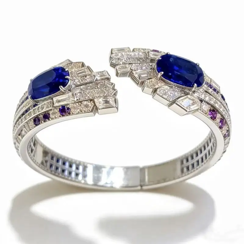 

High-end Luxury 925 Silver Cuff Bangle Double Blue Gemstone Sapphire CZ Elegant Party Jewelry for Bridal Open Bracelet for Women