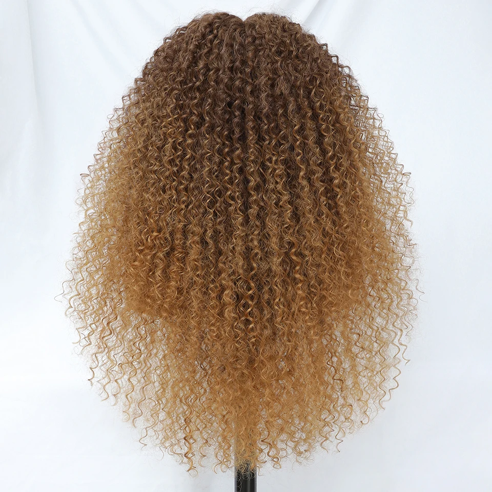 T Part Jerry Curls Синтетические кружевные парики 24-дюймовые странные вьющиеся парики для афро-женщин Ombre Brown 613 Черный предварительно выщипанный парик фронта шнурка