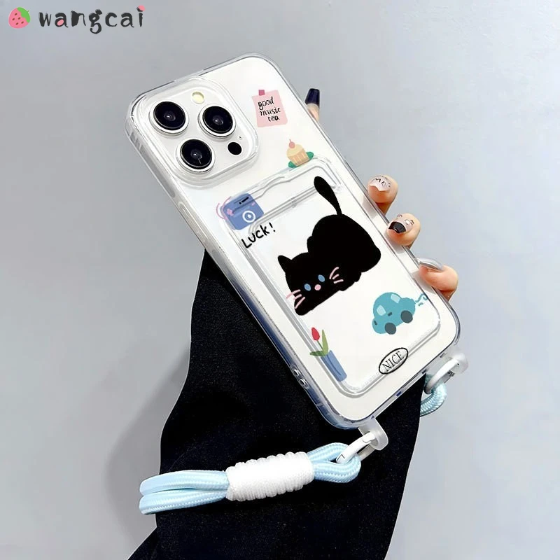 حافظة بطاقات على شكل قطة سوداء لطيفة لهاتف هواوي ميت 70 60 50 40 40E 30 30E Pura 80 70 Ultra P60 P50E Pro جراب هاتف بحبل يدوي