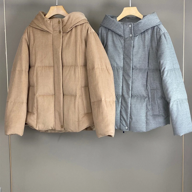 여성을 위한 가을, 겨울 새로운 스타일 실크 캐시미어 후드 다운 재킷, 패셔너블하고 다재다능하며 따뜻하고 편안합니다.