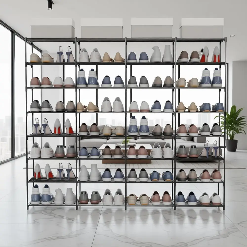 

Large Capacity 4-Row 8-Tier Shoe Rack for 56-64 Pairs, Stackable Storage Organizer for Garage, Entryway, and Hallway