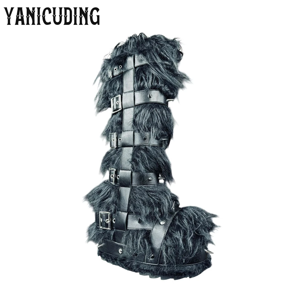 Fuzzy Monster Wedge Boots Belt Buckle Platform Furry Boots Metallic Studded Punk Style Knee-High Boots Faux Fur Warm Winter Boot