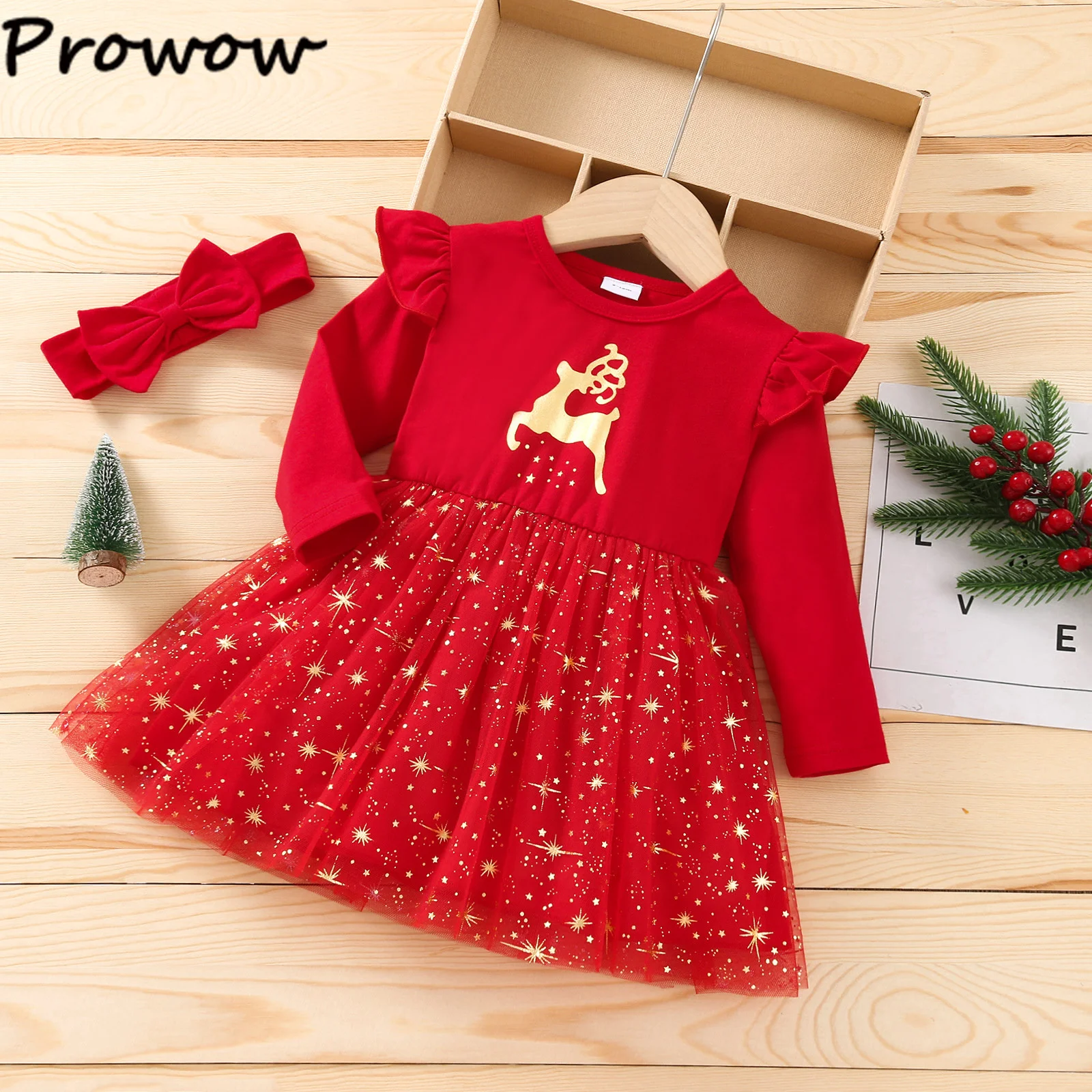 Prowow Baby Christmas Dresses For Girls Red Deer Shinny Dress Princess Party Dress 2025 Toddler New Year Costume For Newborns