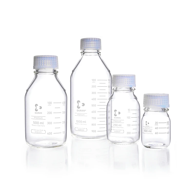 

DURAN® Premium GL 45 Laboratory Bottle, clear, with premium screw cap and pouring ring (PFA), with DIN 168-1 thread, graduated