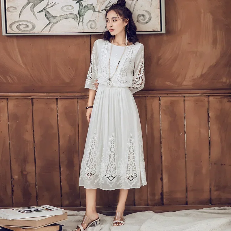 GypsyLady Silk Cotton Elegant Women Dress White Hollow Out Casual Summer Midi Dress Half Sleeve Chic Ladies Dress Vestidos 2024