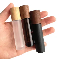 12X 24X 5ML 10ML Glass Essential Oil Roll On Bottles Natural Bamboo Wood Lid Perfume Vials Steel Roller Ball Refillable Portable
