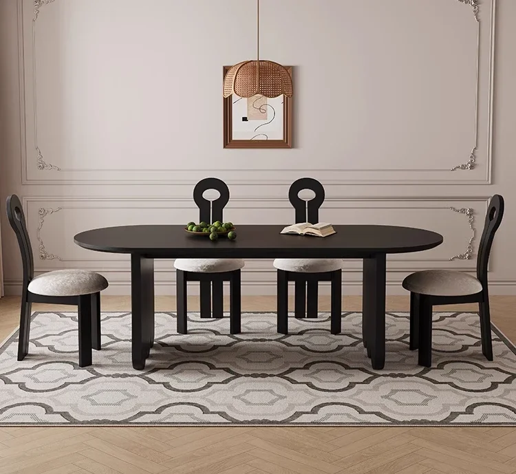 

FG44Oval retro black rock slab dining table French medium and ancient style new household ash wood