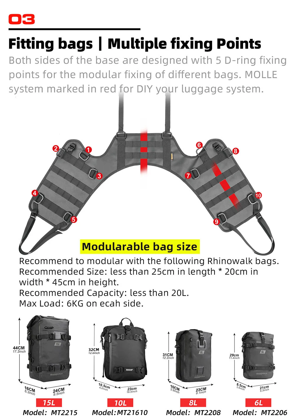 Rhino walk Motorrad Seiten tasche mit Basis wasserdicht 6l/8l/10l/15l Motor Rücksitz Tasche Rack Motocross Aufbewahrung rucksack – Detail 4