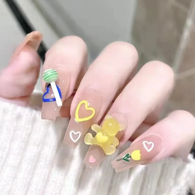 24Pcs/Set Love Lollipop Acrylic Fake Nails Yellow Stereoscopic Bear Wearing False Nails Full Cover Removable Press on Nail Tips