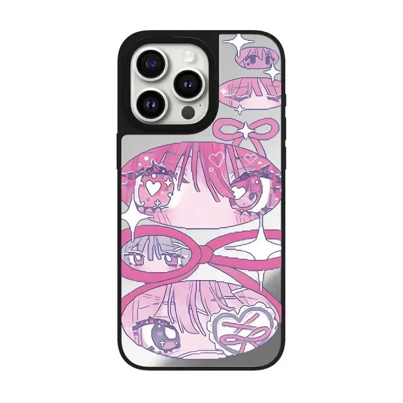 Anime Girl Black Silver Border Mirror Magnetic Phone Case Cover for IPhone 12 13 14 15 16 Pro Max Case