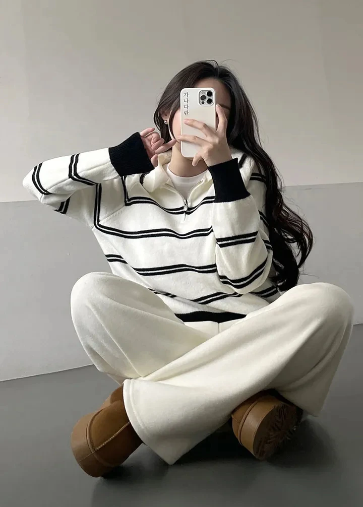 Korean Style Lazy Striped Zipper Color Block Long Sleeve Women's Soft Sweater Autumn Winter New Design Knitted Shirt