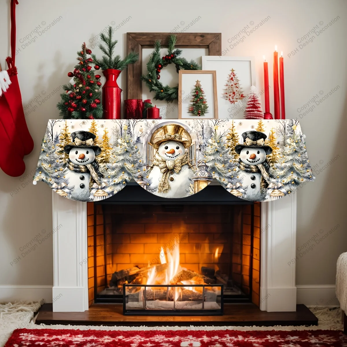 Christmas Fireplace Mantel Scarf Golden Hat Snowman Forest Mantel Topper Xmas Fireplace Shelf Cover Winter Indoor Home Decor