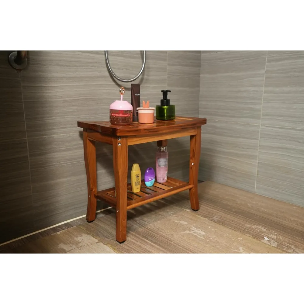 Teak Shower Bench, Spa Bath Shower Stool with Storage Shelf, Wooden Seat Stool for Bathroom