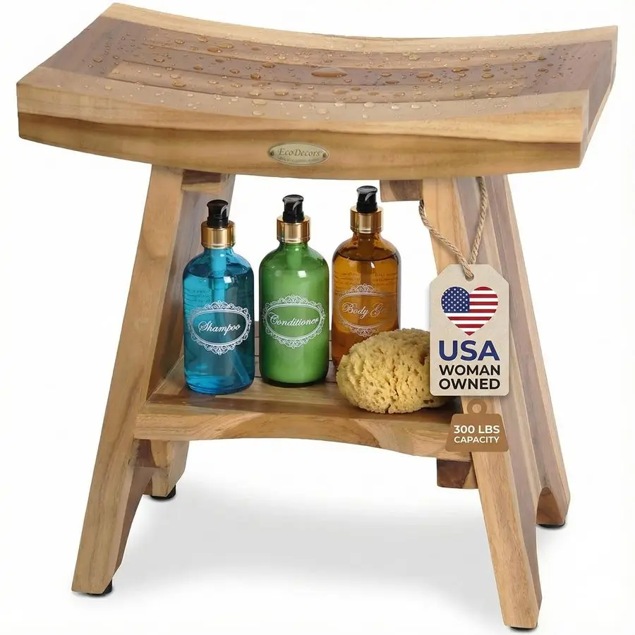 

Teak Shower Bench 18, 300 lb Capacity Waterproof Wood Bath Seat with Shelf, Spa Seating for Adults Compact Fit for Small Bathroo