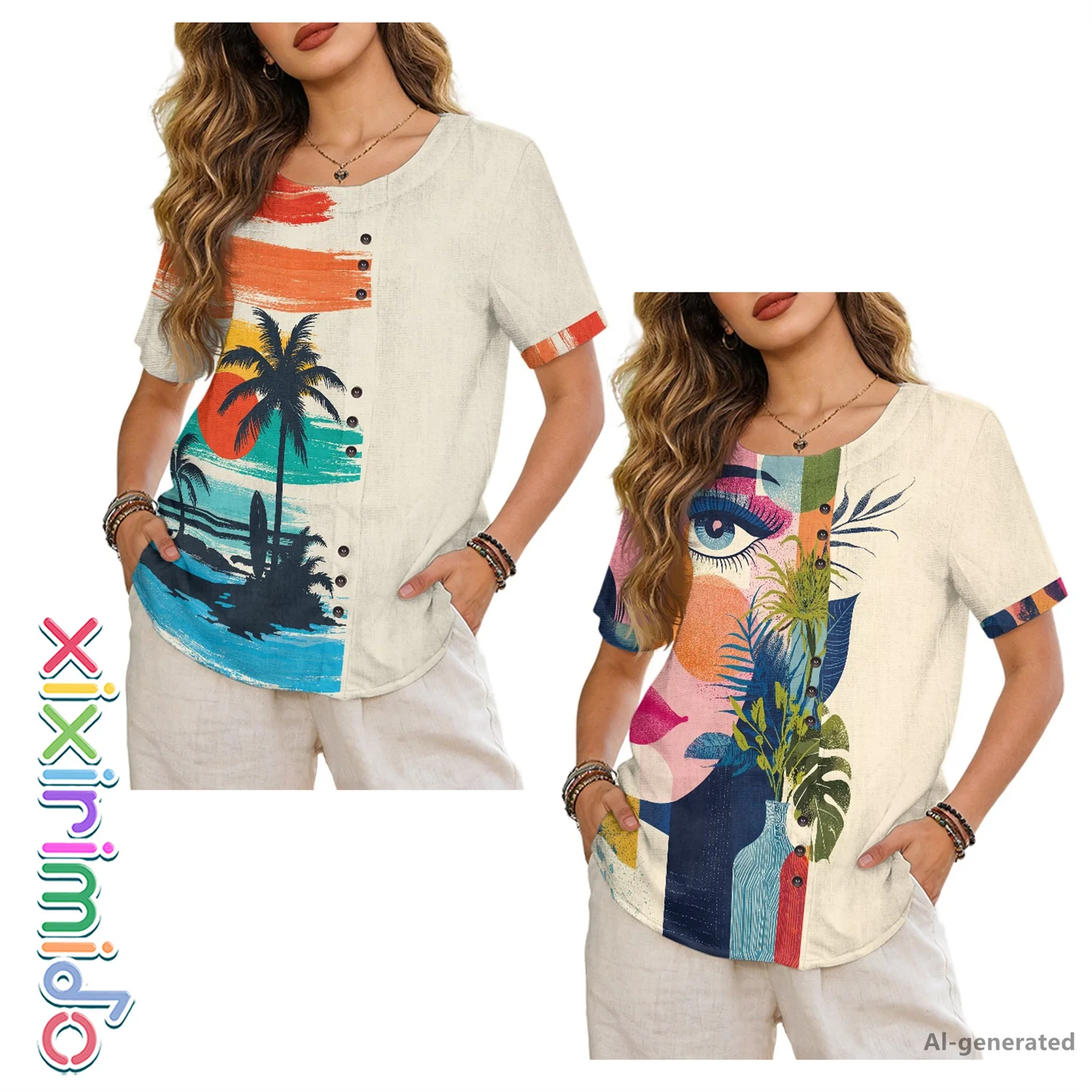 

XIXIRIMIDO 2026 Summer Women's Linen Sleeve Crew Neck Short Plus Size Sleeve Basic soft Shirt Artistic Prints Casual Tops Shirts