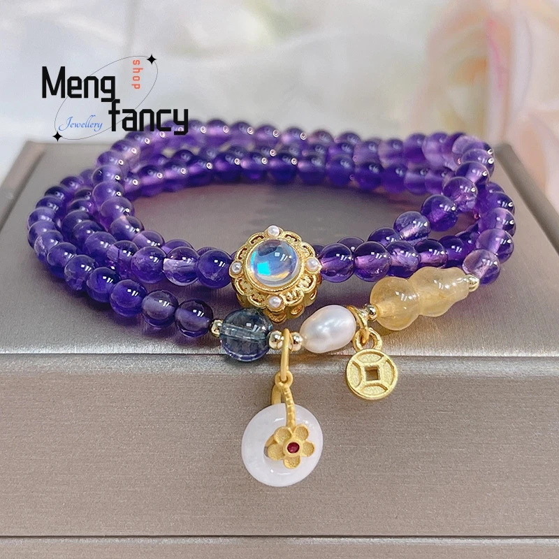 

Natural Three Circle Amethyst Peace Button Small Flower Vintage String Bracelet Exquisite Elegant Sexy Young Girls Holiday Gifts