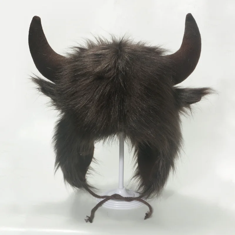 Big Black Bull Horn Mao Lei Feng Hat for Men and Women Winter Warm Ear Protection Windproof  Hat Russian Ski Hat Faux Fur Hats