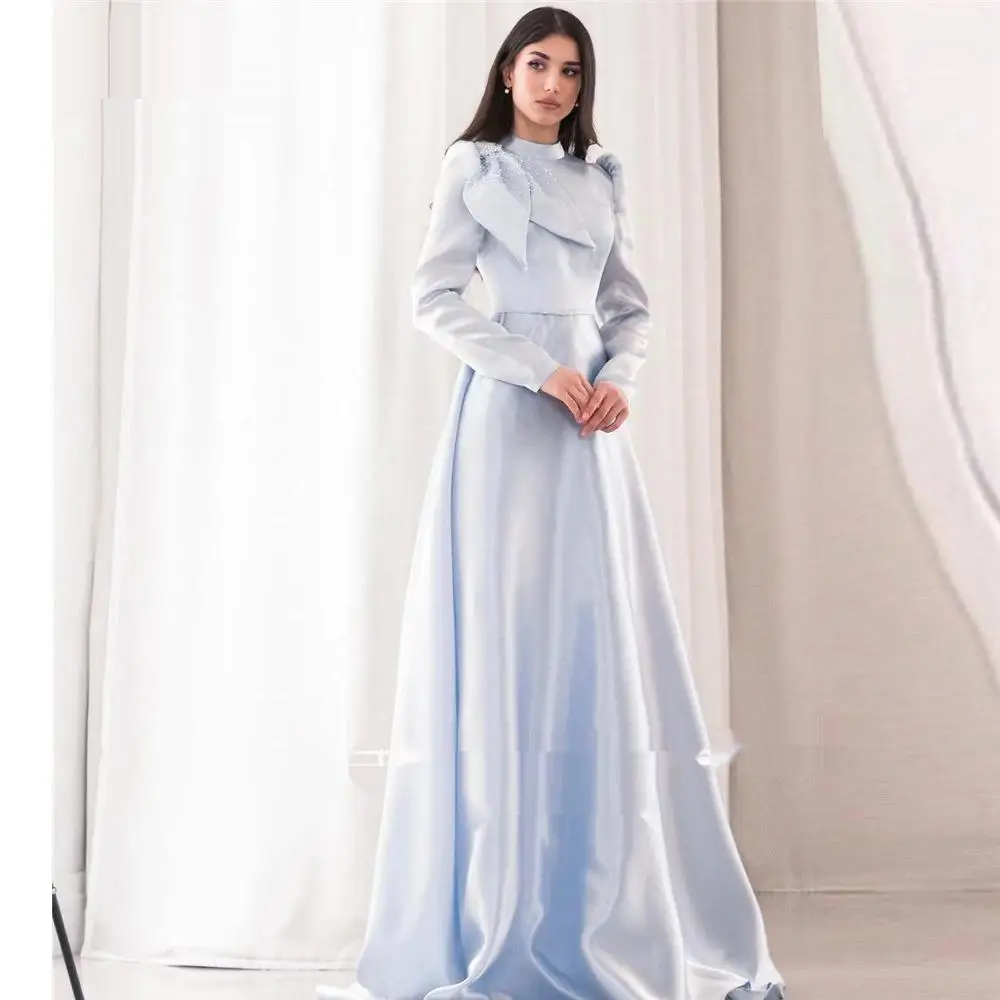 Modest Elegant Light Blue Evening Dresses Arabic Women High Neck Long Sleeves Beads Bow Satin Formal Party Prom Gowns