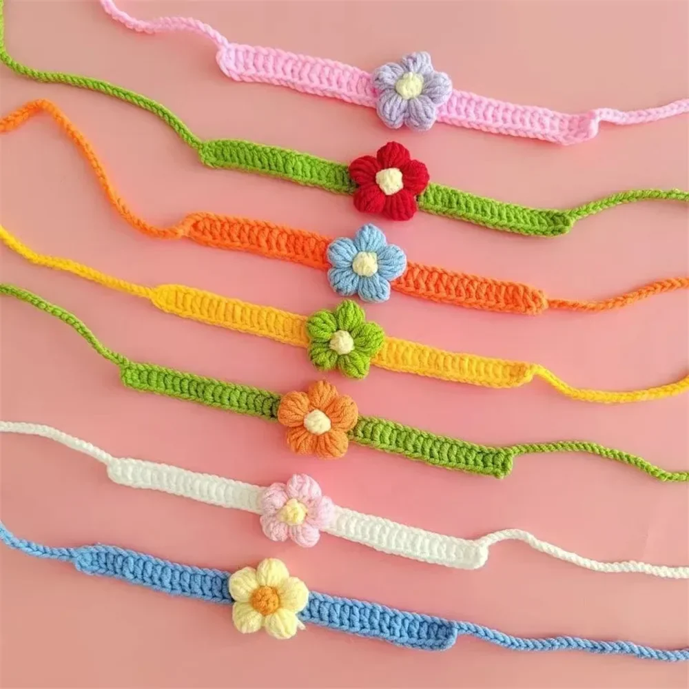 Kawaii Crochet Dog Cat Collar Adjustable Wool Necklace Flowers Pet Neck Accessories Puppy Kitten Knitting Scarf Bowtie Pet Gift