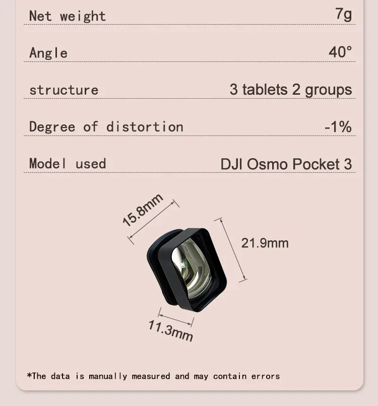 Wide Angle Filter for DJI Osmo Pocket 3 Magnifier Lens 40° Optical Glass 2x Zoom Optical Lens Magnetic design Quick Installation