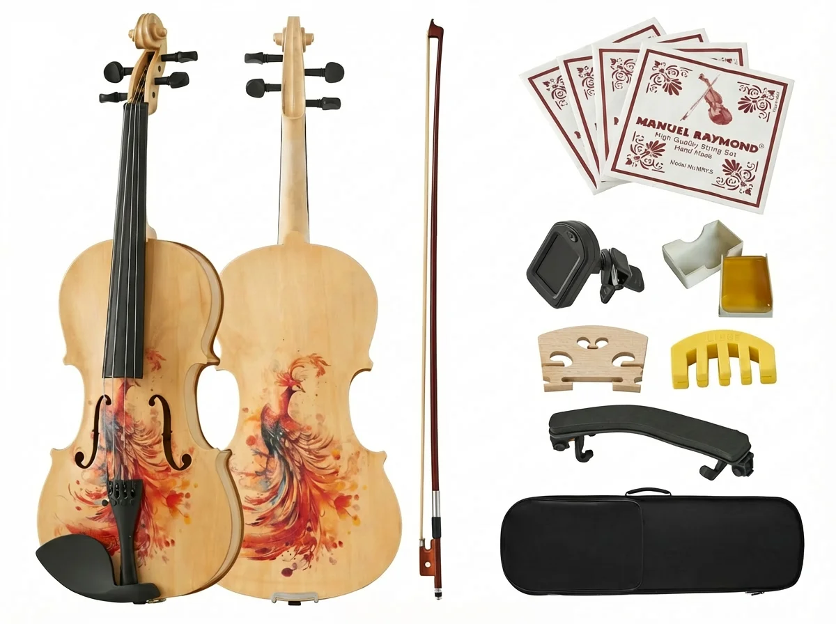 Professional 4/4 Full Size Violin Set, Acoustic Violin with Case, Bow, Shoulder Rest, Clip-On Tuner, Maple Bridge, Scar-Free Wood, Hand-Painted Lacquer Finish, Lightweight, Rich Sound, Ideal Gift for Musicians