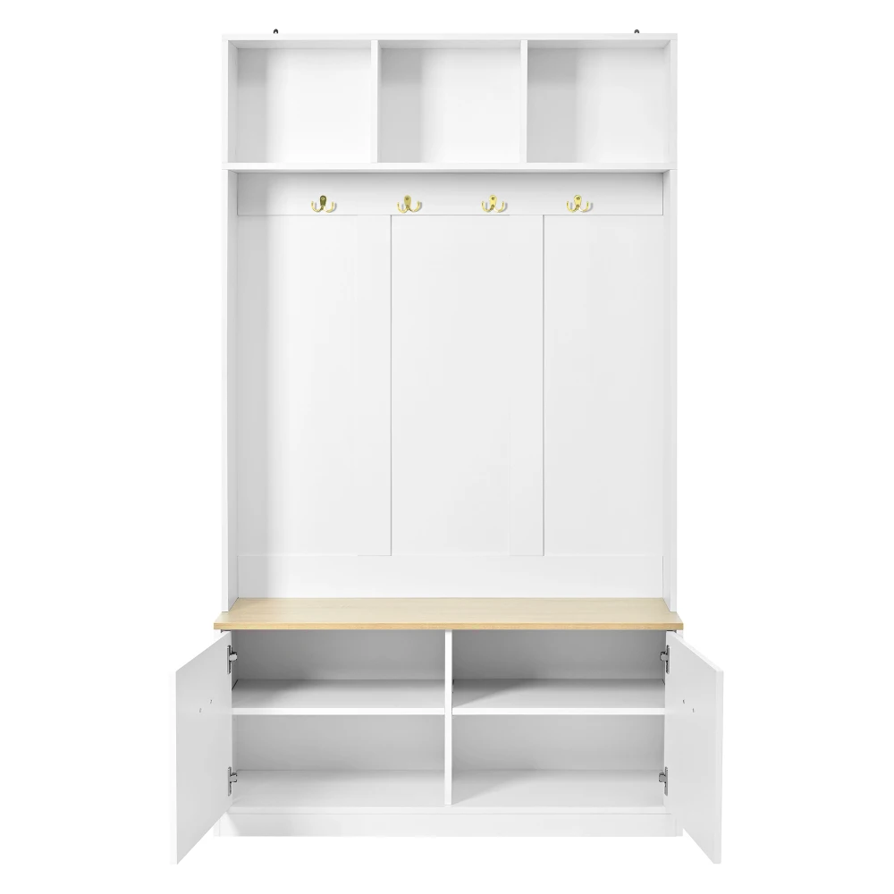 PINGGO Naturweißes Kompaktes Kleiderschrank-Set mit Sitzbank 2 Türen Offene Aufbewahrung 4 Haken 105x40x180cm – Detail 12