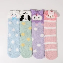 4Pcs/set Kawaii Sanrio Plush Sock Anime Kuromi Cinnamoroll MyMelody Autumn Winter Ins Soft Girl Floor Sox Holiday Cotton Socking