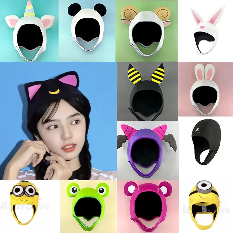 Diving cap cartoon cute animal warm head cover snorkeling sun protection swimming cap free diving deep diving cap ear protection