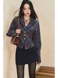 STSVZORR 2023 autunno nuovo abbigliamento donna stile pendolare vita chiusura Fit maniche a pipistrello manica lunga Retro Plaid Suit Coat Top