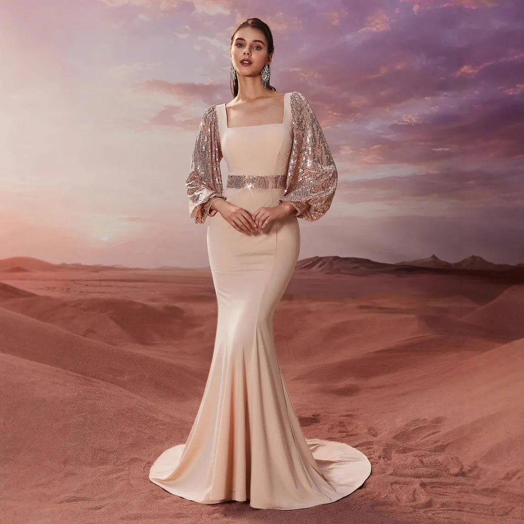 

Ele Long Sve Sequin Dr Square Collar Par Evening Ball Gown High Waist Lantern Sve Floor Length SST28