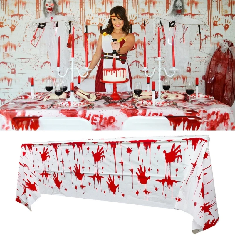 

H7EA Creepys Halloween Table Cover Disturbing Blood Handprint Desk Cover Decorations