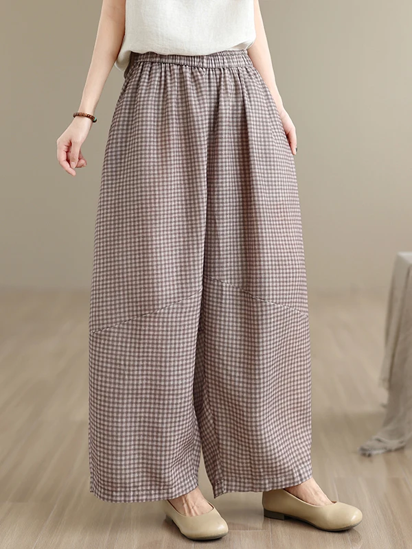 High-End Women's Artistic Retro Linen Patchwork Design Checkered Wide Leg Loose Elastic Waist Lantern Pants City Walk Suitable