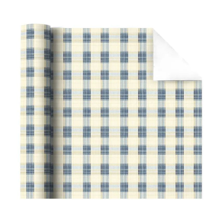 Wrapping Paper Roll With Blue Beige Checkered - Classic Reversible Plaid Gift Wrap For Christmas Holiday, Birthday, Wedding