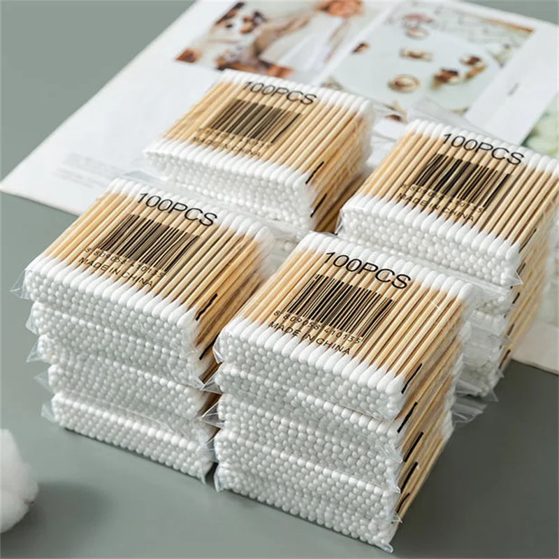 100/500PCS Round Headed Cotton Swabs, Double Round Headed Cotton Swabs, Bamboo Sticks, Precision Pointed Cosmetic Nail Tools