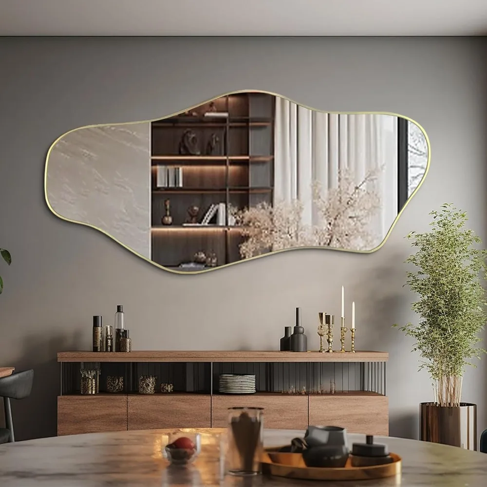 Espelho irregular de comprimento total, 59 "x 25,5" grandes espelhos assimétricos decorativos, espelho em forma de nuvem dourada, ondulado abstrato sem moldura