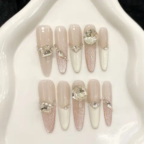 10pcs Handmade ยาวรูปไข่กดบนเล็บเงาผง Rhinestone ออกแบบเล็บปลอมสวมใส่เต็มรูปแบบภาษาฝรั่งเศสคําเคล็ดลับเล็บปลอม