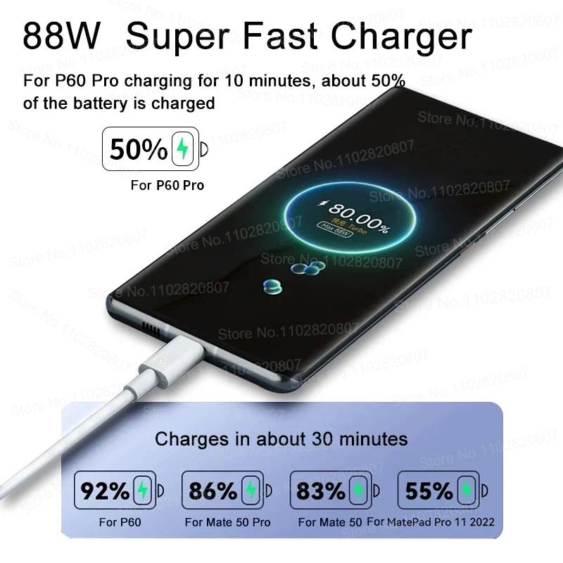 Original 88W Dual Ports Charger SuperCharge For HUAWEI P60 Honor 400 200 Magic 7 6 Pro 6A Type C Cable USB A C PD Power Adapter - náhled 3