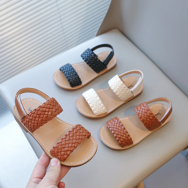 2026 Girl Sandals Braided Open Toe Fashion Vacation Summer Children Flat Shoes Solid Color Comfy Outdoor Anti-slip Kids Sliders