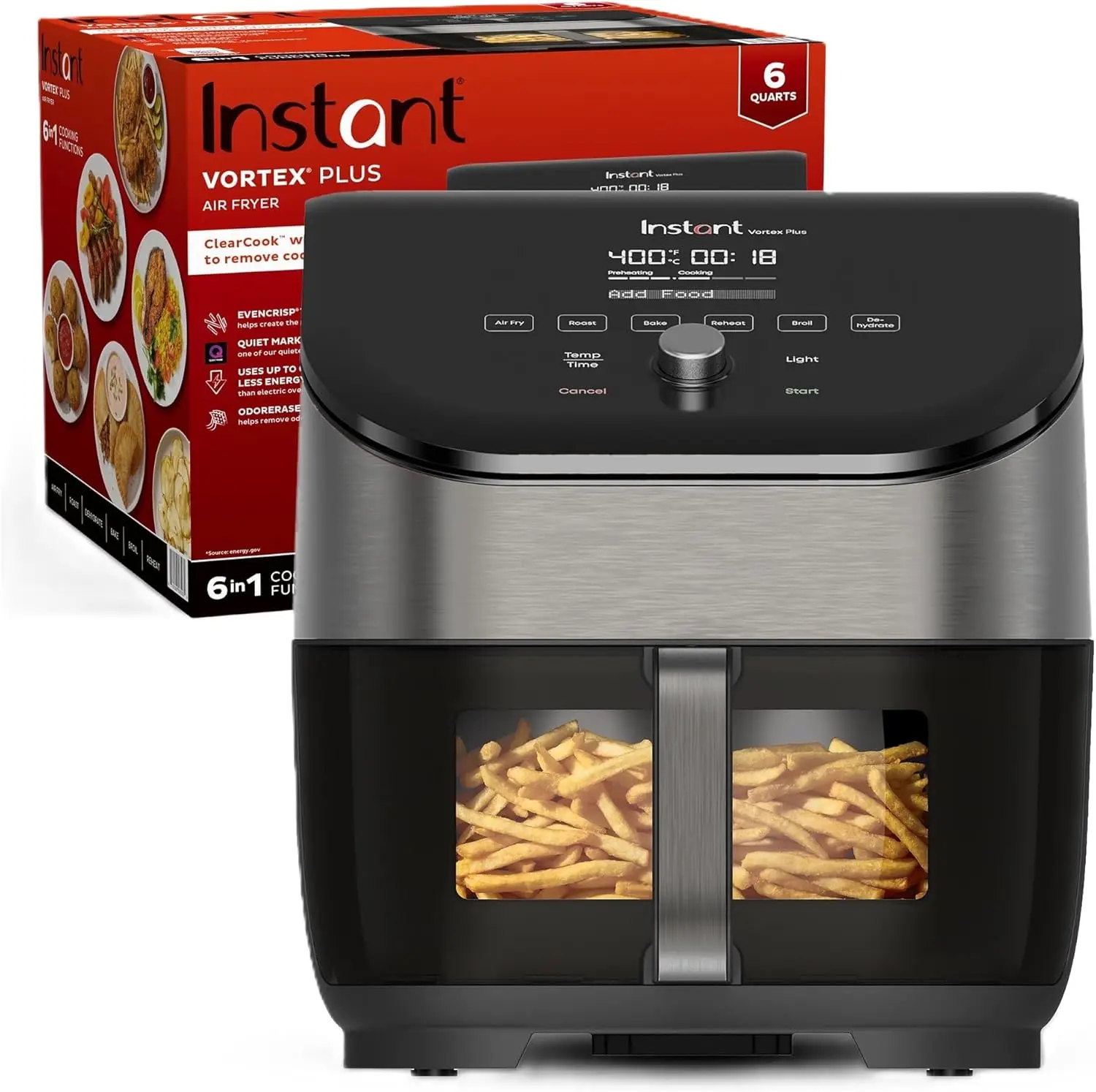 Plus 6QT Air Fryer with Odor Erase Technology, 6-in-1 Functions that Crisps, Roasts, Broils, Dehydrates, Bakes &