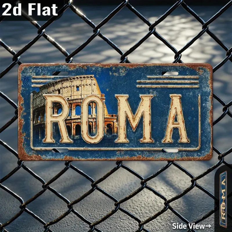 مسطح ثنائي الأبعاد، قطعة واحدة من لوحة ترخيص معدنية من روما الإيطالية العتيقة - ديكور كولوسيوم روما القديم مع الطباعة المتعثرة #1