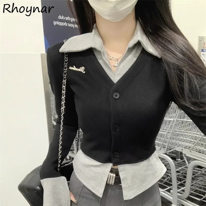 Fake 2pcs Long Sleeve T-shirts Women Autumn Students Design Turn-down Collar Crop Tops Slimming Casual All-match Korean Style