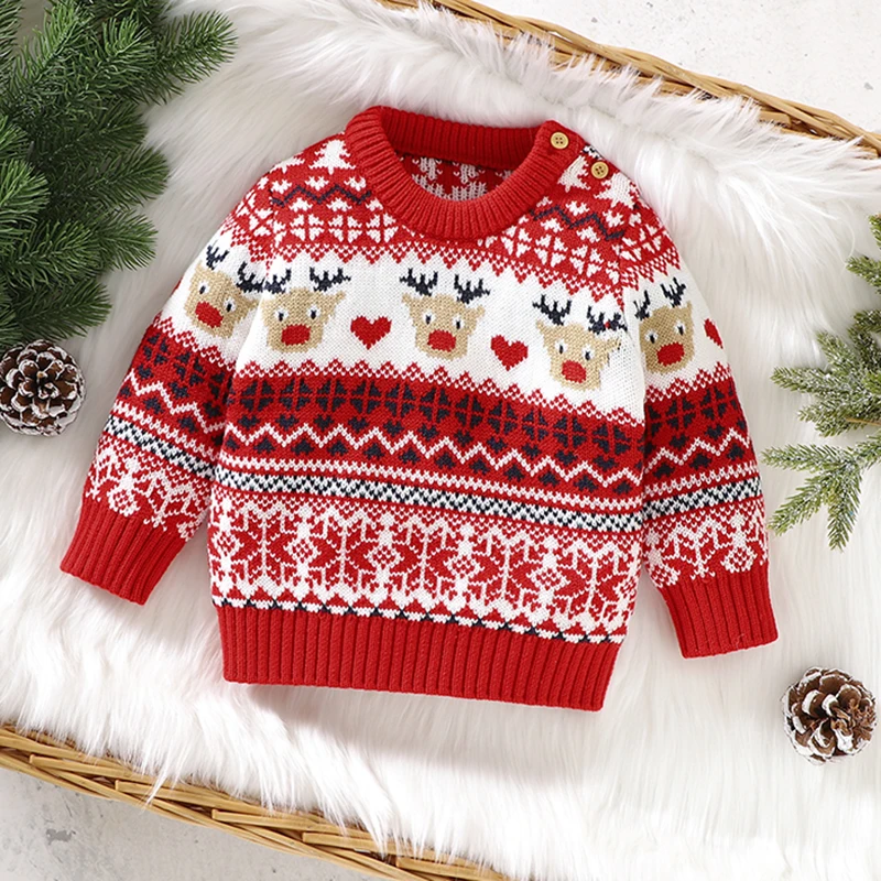 New Baby Christmas Sweater Deer Snowflake Print Cartoon Infantil Xmas New Year Kids Clothes Autumn Winter Child Knitted Outfits