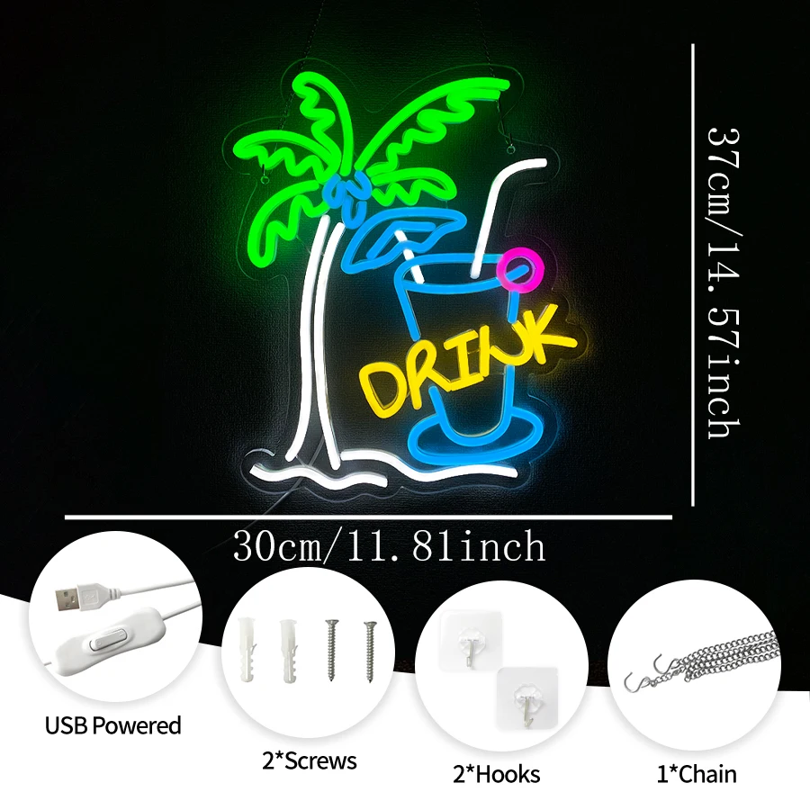 Multicolor Palm Tree Drink Cocktail Neon Sign USB LED Wall Decor for Bar Man cave Restaurant Summer Commercial Decor Gift