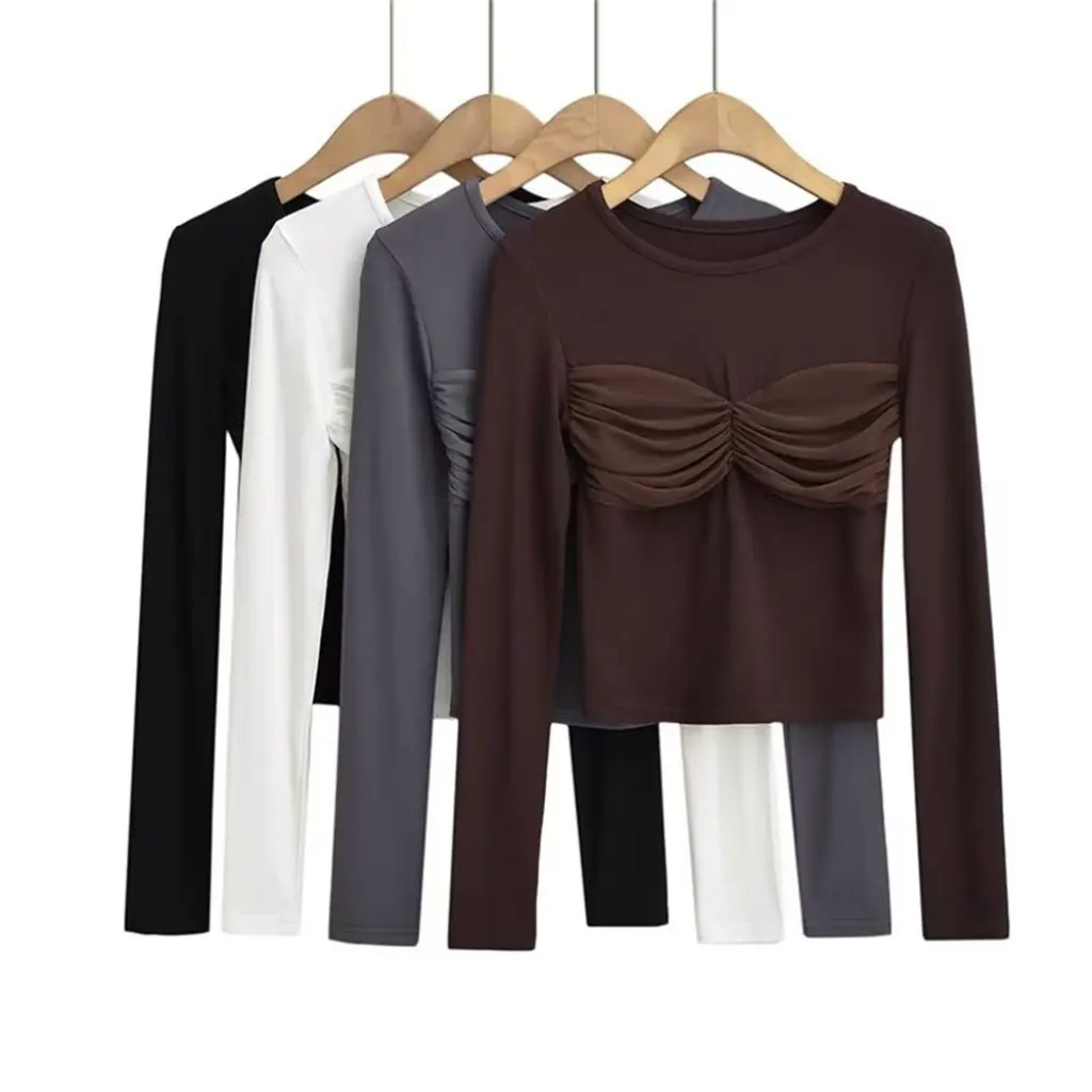 

YPFF Women's Retro Long-Sleeved T-Shirt Sexy Pure Desire Bottoming Design Trendy Hot Girl Pleated Tight Top for Casual Wear